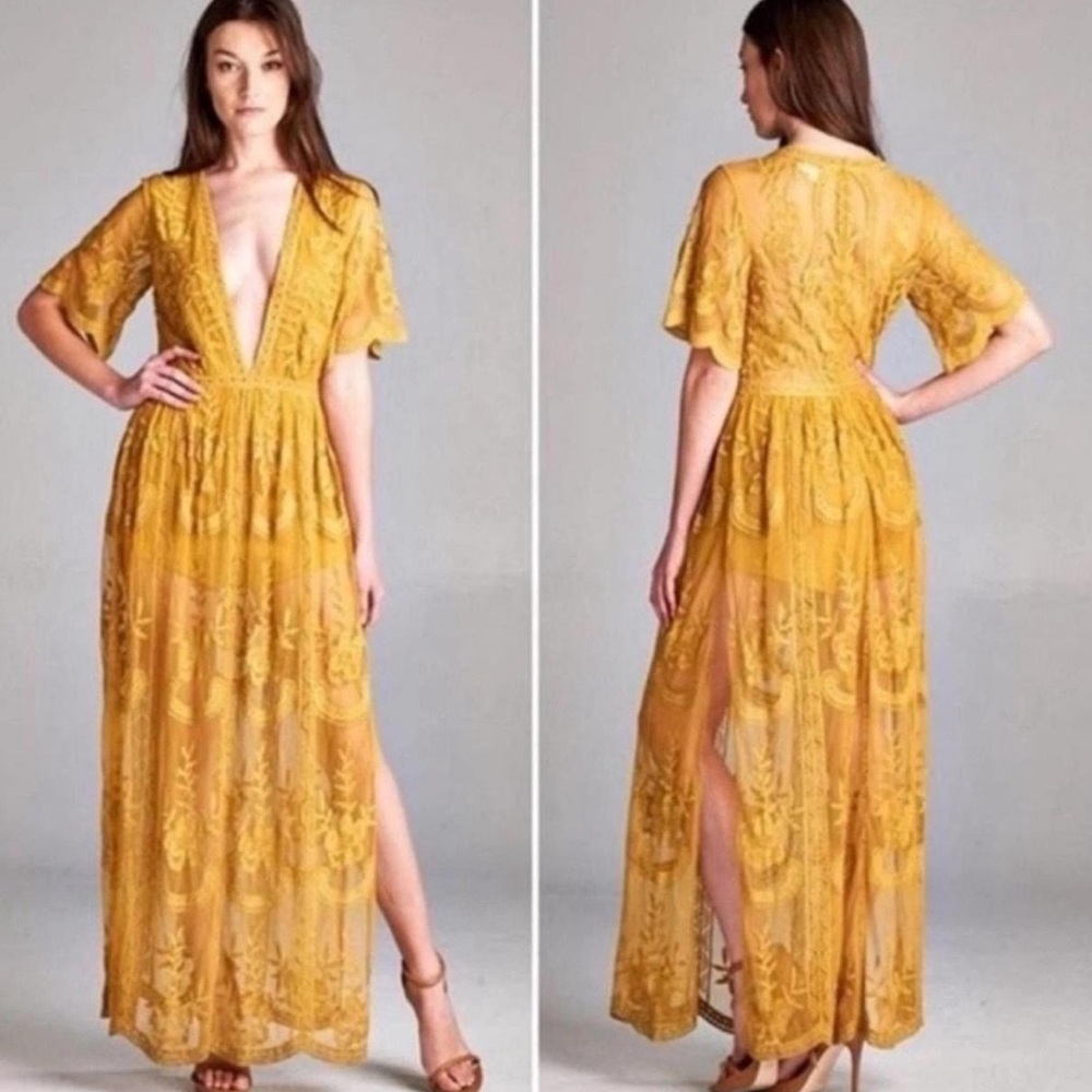 Honey Punch Golden Yellow Embroidered Maxi Dress